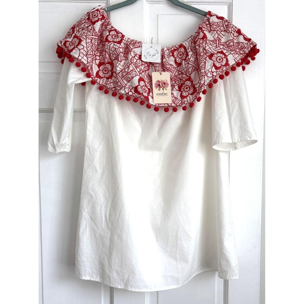 Entro Red Scroll Embroidered Pom Pom Off Shoulder Mini Dress White D9357‎ Medium